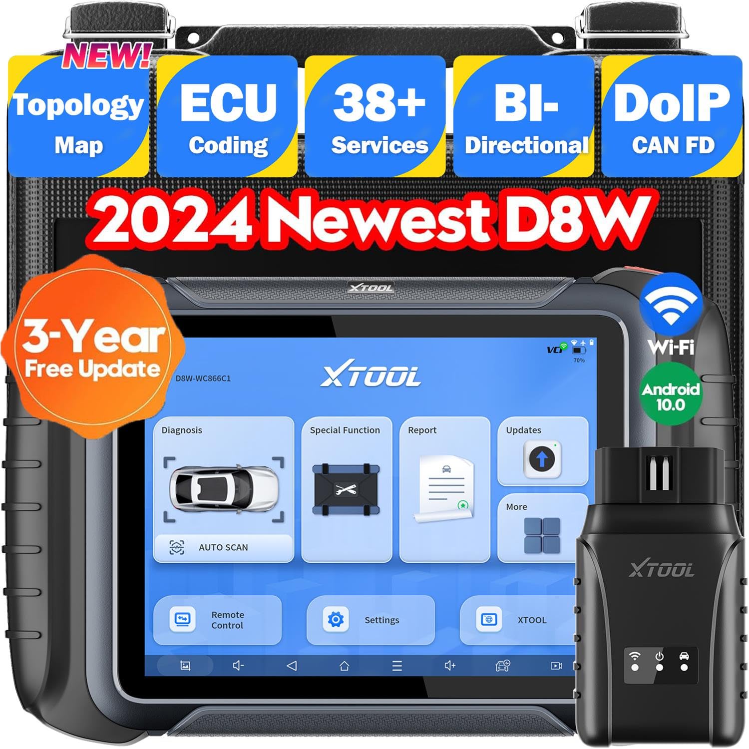 2025 XTOOL D8W OBD2 Diagnosegerät, Diagnosegerät Auto mit Topologie Mapping, ECU Online-Codierung, 38+ Reset, 4000+Aktiver Test, Vollständige Systemdiagnose, CANFD&DOIP, V.A.G-geführte, 3 Jahre Update von XTOOL