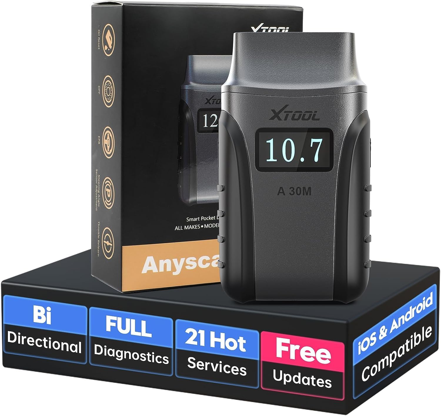XTOOL A30M OBD2 Scanner Bluetooth, Wireless OBD2 Codeleser mit 21 Reset, Aktiver Test, Alle Systeme Auto Diagnosewerkzeug, Auto Fehlercodeleser und Reset für Android & iOS, Lebenslange kostenlose von XTOOL