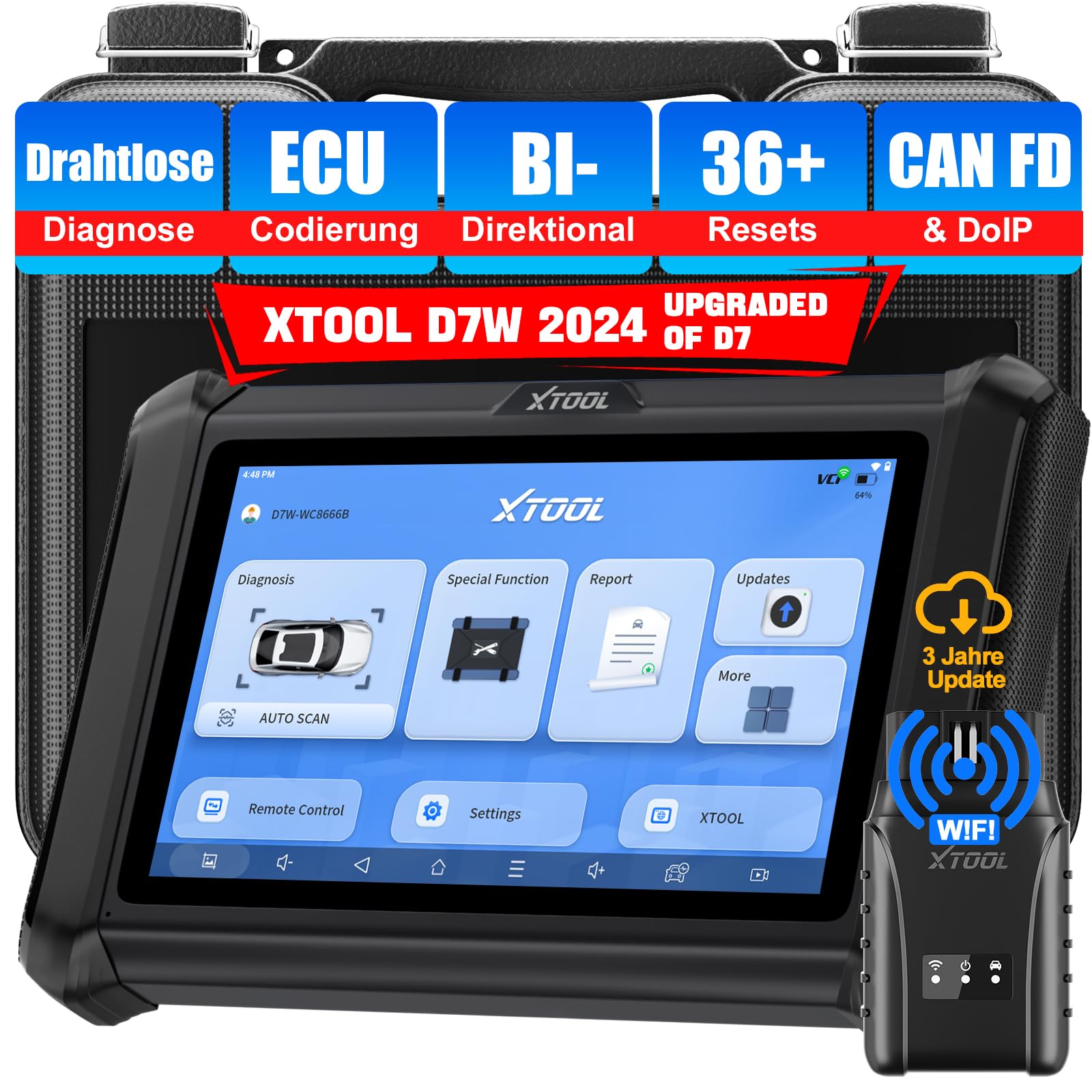 XTOOL D7W OBD2 Diagnosegerät für alle Fahrzeuge, Online ECU Codierung, Bidirektionale/kfz Tester für Aktiver Test, 36+ Resets, OE Alle System Diagnose, CANFD/DoIP, V.A.G-geführte, 3 Jahre Free Update von XTOOL