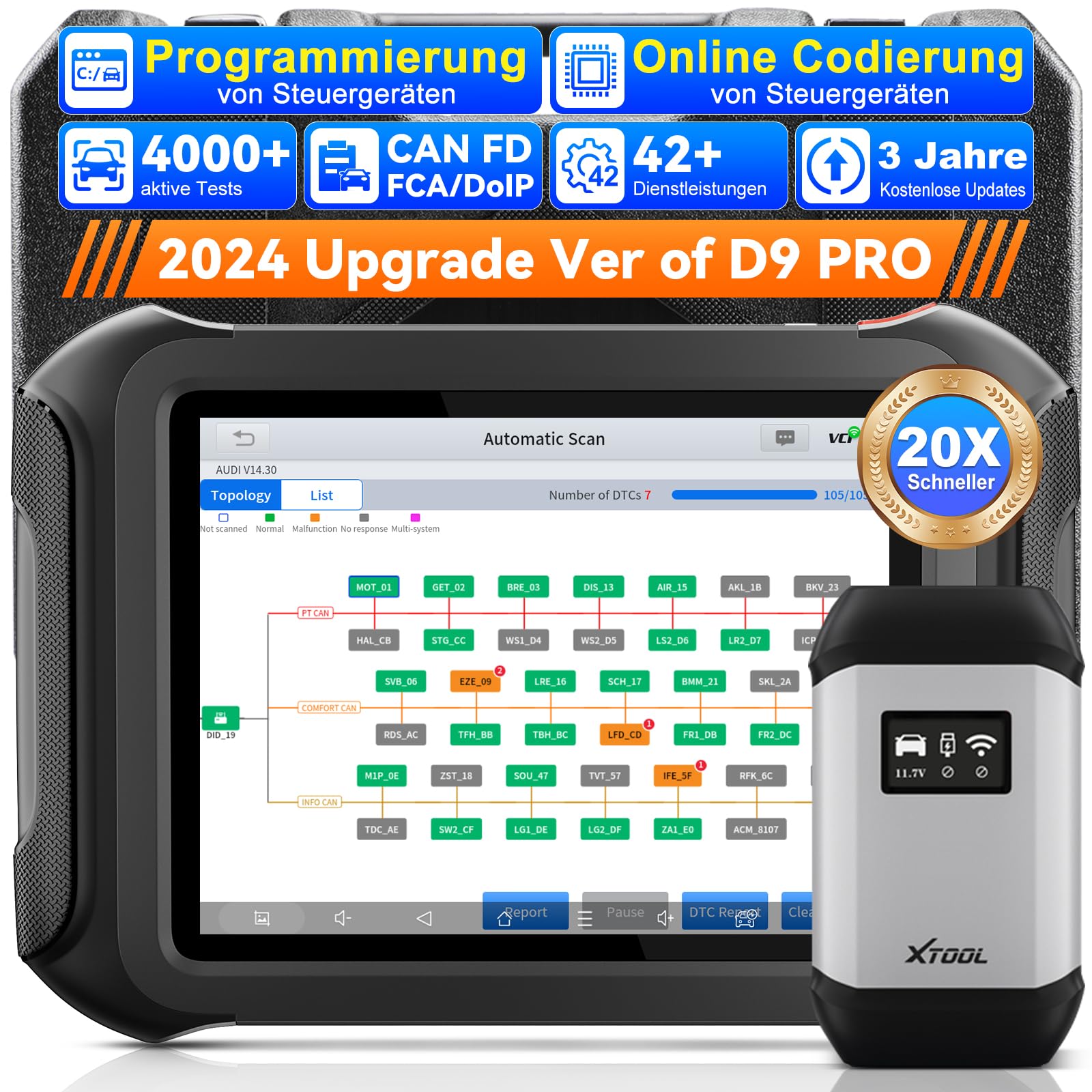 XTOOL D9S PRO OBD2 Diagnosegerät, ECU Online Programmierung&Codierung, Bidirektionale & Vollständige Diagnose, 42+ Resets, Topologie Mapping, FCA V2.0, DoIP & CAN FD, Upgraded D9S/D8W,3 Jahre Updates von XTOOL