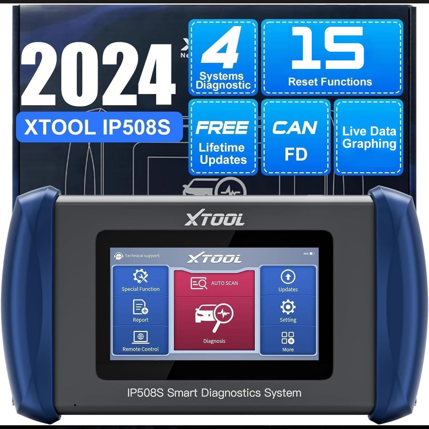 XTOOL IP508S OBD2 Diagnosegerät für ABS SRS Motor Getriebe, 15 Dienste, Android 10, Live-Daten-Grafik, Auto-Diagnose-Tool mit ABS Bleed, Injektor-Codierung, Öl-Reset, SAS, BMS, Throttle, TPMS Reset von XTOOL
