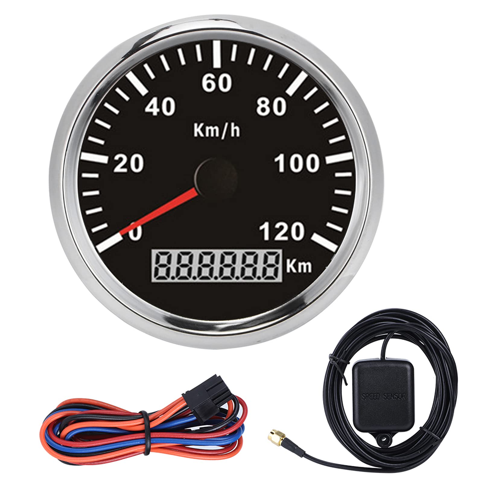 XTEVU GPS-Tachometer 85 mm, universeller wasserdichte Anti-Nebel-Messgerät 0-120 km/h, digitaler Geschwindigkeitsmesser kompatibel mit dem Auto-LKW-Bootsmotor (Schwarzes Zifferblatt Silberlünette) von XTevu