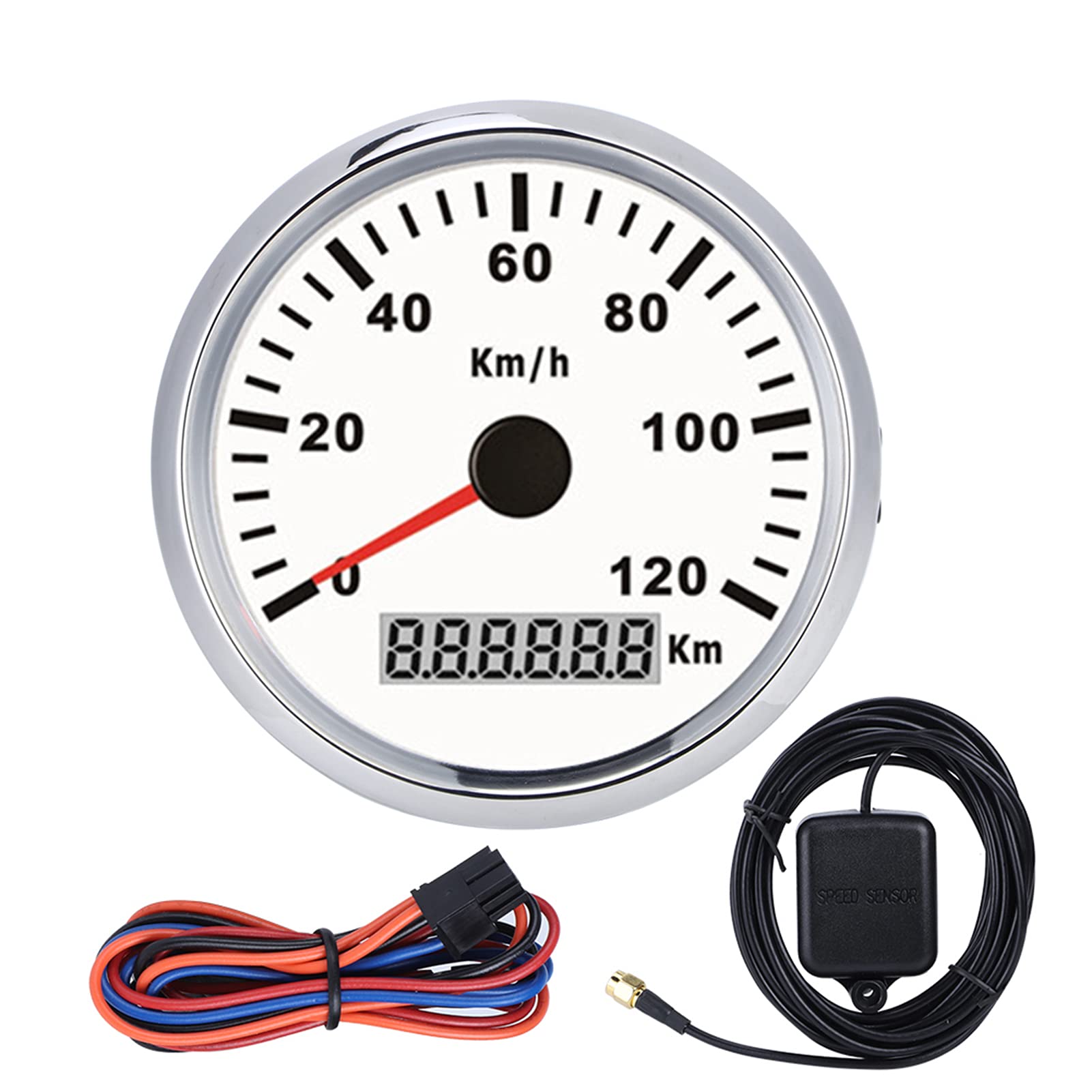 XTEVU GPS-Tachometer 85 mm, universeller wasserdichte Anti-Nebel-Messgerät 0-120 km/h, digitaler Geschwindigkeitsmesser kompatibel mit dem Auto-LKW-Bootsmotor (Weißes Zifferblatt Silberlünette) von XTevu