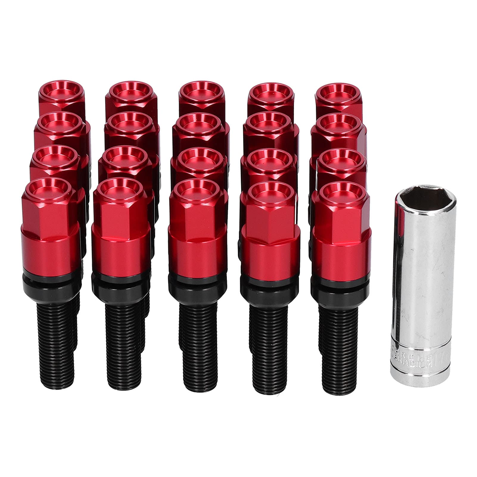 Xtevu verlängertes Lug -Bolzen -Kit, 21pcs M14x1.5 Radbolzenset, universelle Kugelsitz -Lug -Bolzen, 42 -mm -Radbefestigungsmodell -Kit mit Ärmeln, Autodifikationszubehör (Rot) von XTevu