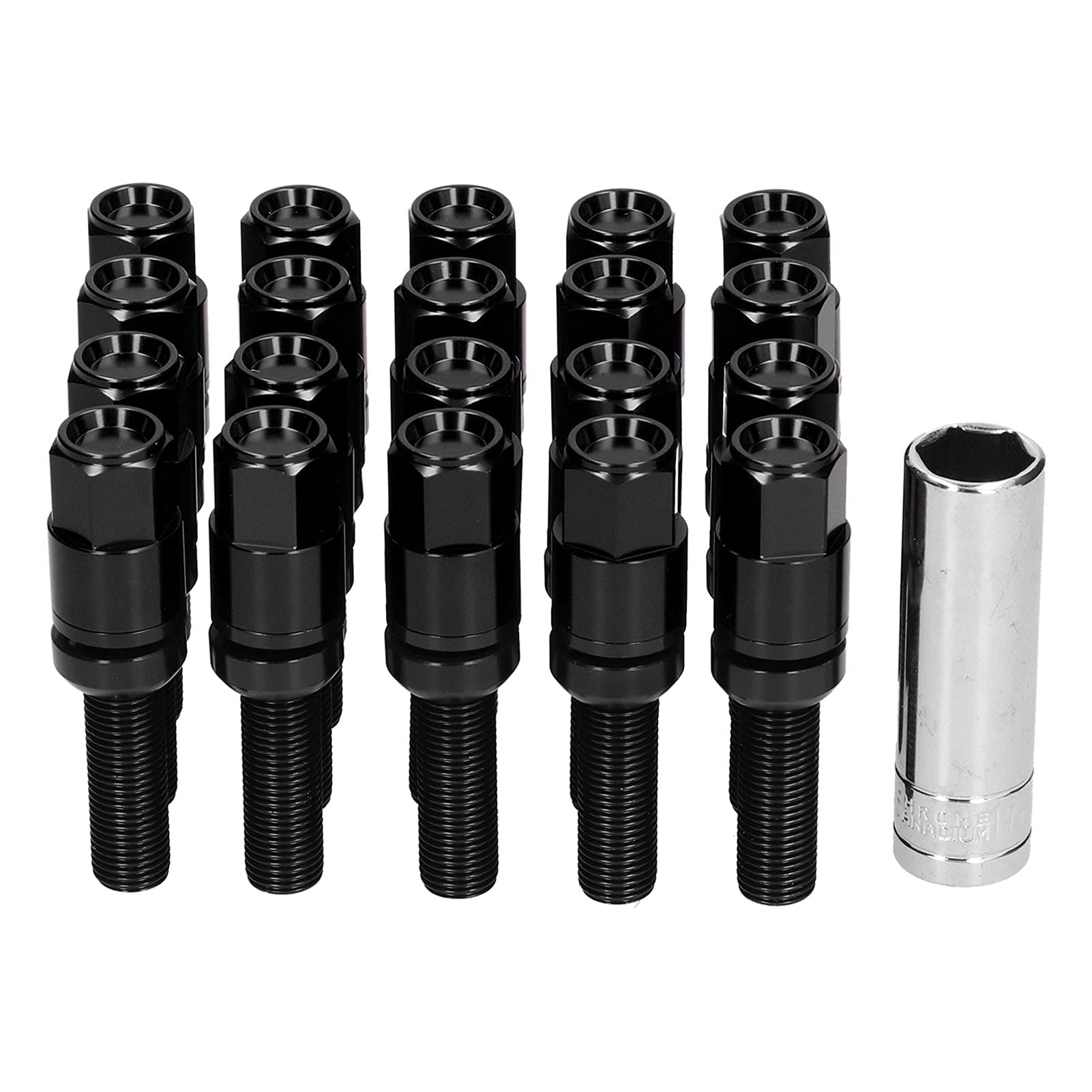 Xtevu verlängertes Lug -Bolzen -Kit, 21pcs M14x1.5 Radbolzenset, universelle Kugelsitz -Lug -Bolzen, 42 -mm -Radbefestigungsmodell -Kit mit Ärmeln, Autodifikationszubehör (Schwarz) von XTevu