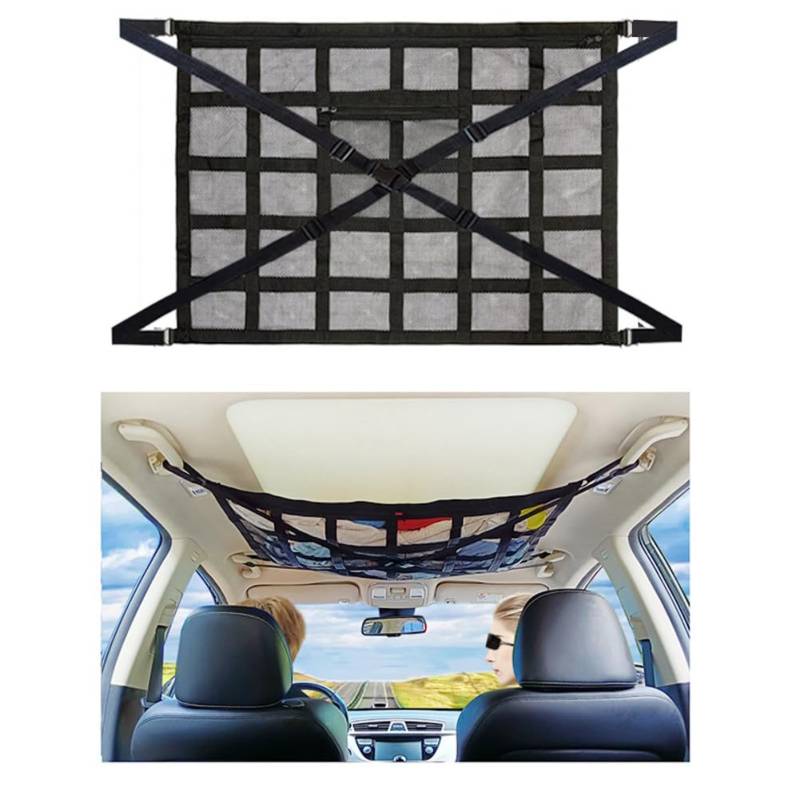 Gepäcknetz Auto doppellagige Netztasche Camping Aufbewahrungsnetz Universal Autodach Organizer Polyester Anti-Durchhängen einstellbar für Autos Vier Dach Armlehnen mit 4 Auto-Haken (90x65cm Stärker) von XUANHEY