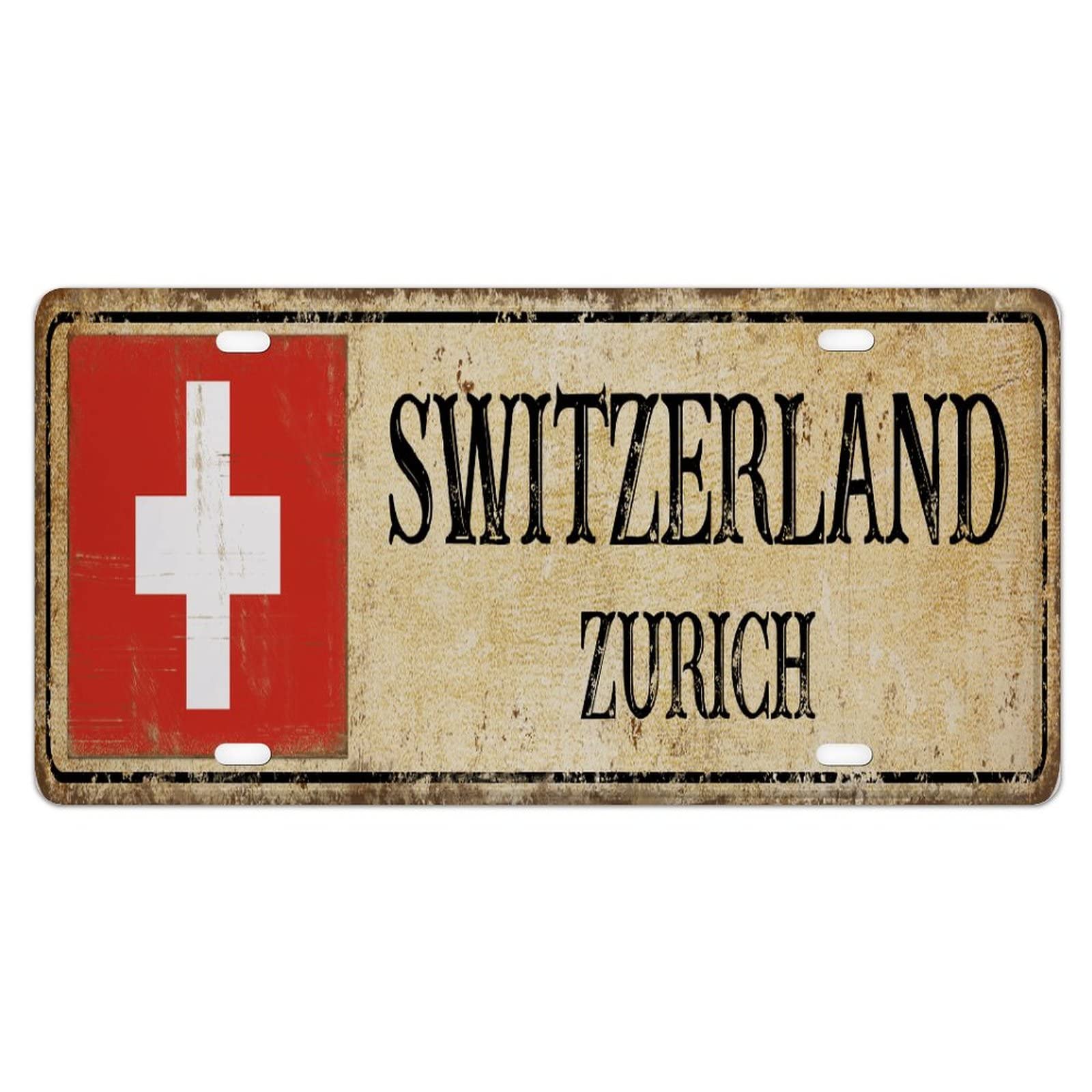 Country Souvenir Rustikale Nummernschildabdeckung im Vintage-Stil, Neuheit, Autoanhänger, Vanity-Geschenk mit 4 Löchern, Hauptstadt der Schweiz, Zürich, Aluminium, originelles Autoschild für Männer von XVBCDFG