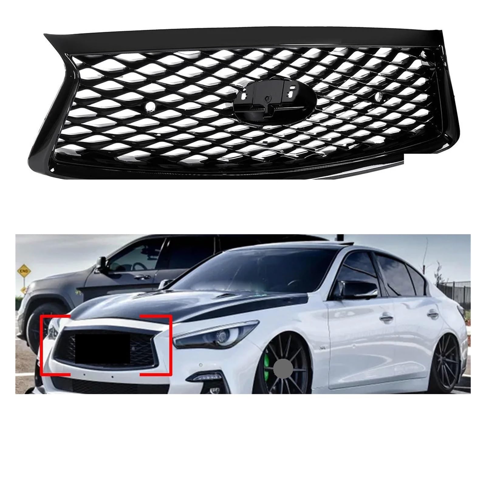 Glänzend schwarzer Frontgrill, Renngrills, kompatibel for Infiniti Q50 Q50S 2014–2017, 2018–2022, alle Modelle, vordere obere Stoßstangenhaube, Netzgitter(2018-2022) von XXDRKEGS