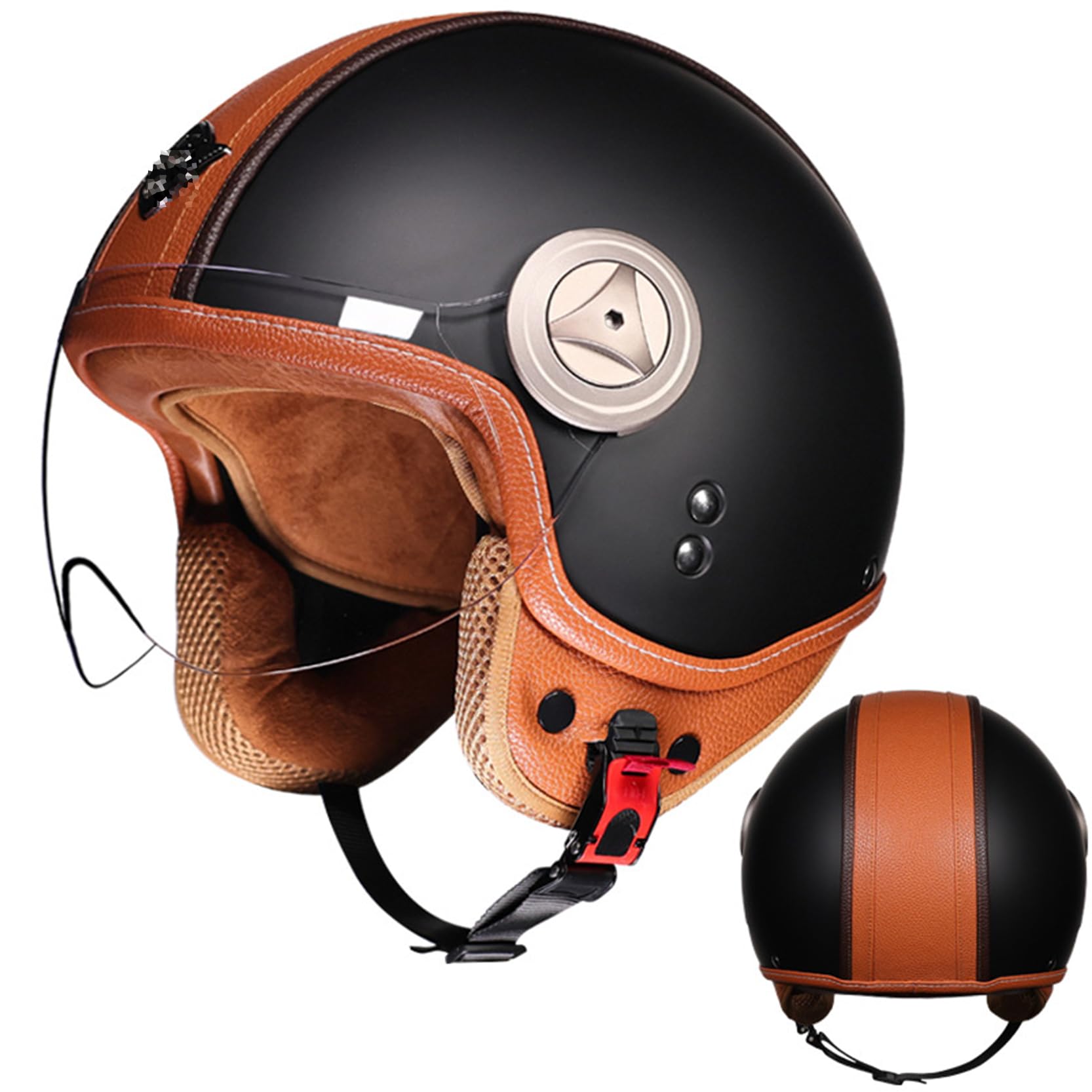 XYLGJYT Offener Motorradhelm für Männer Frauen,Retro Motorrad Jet Halbhelme mit herausnehmbarem Innenfutter,Goldenes Fleece mit,Atmungsaktives,mit HD Gläsern DOT genehmigt,Black A-M(55~56cm) von XYLGJYT