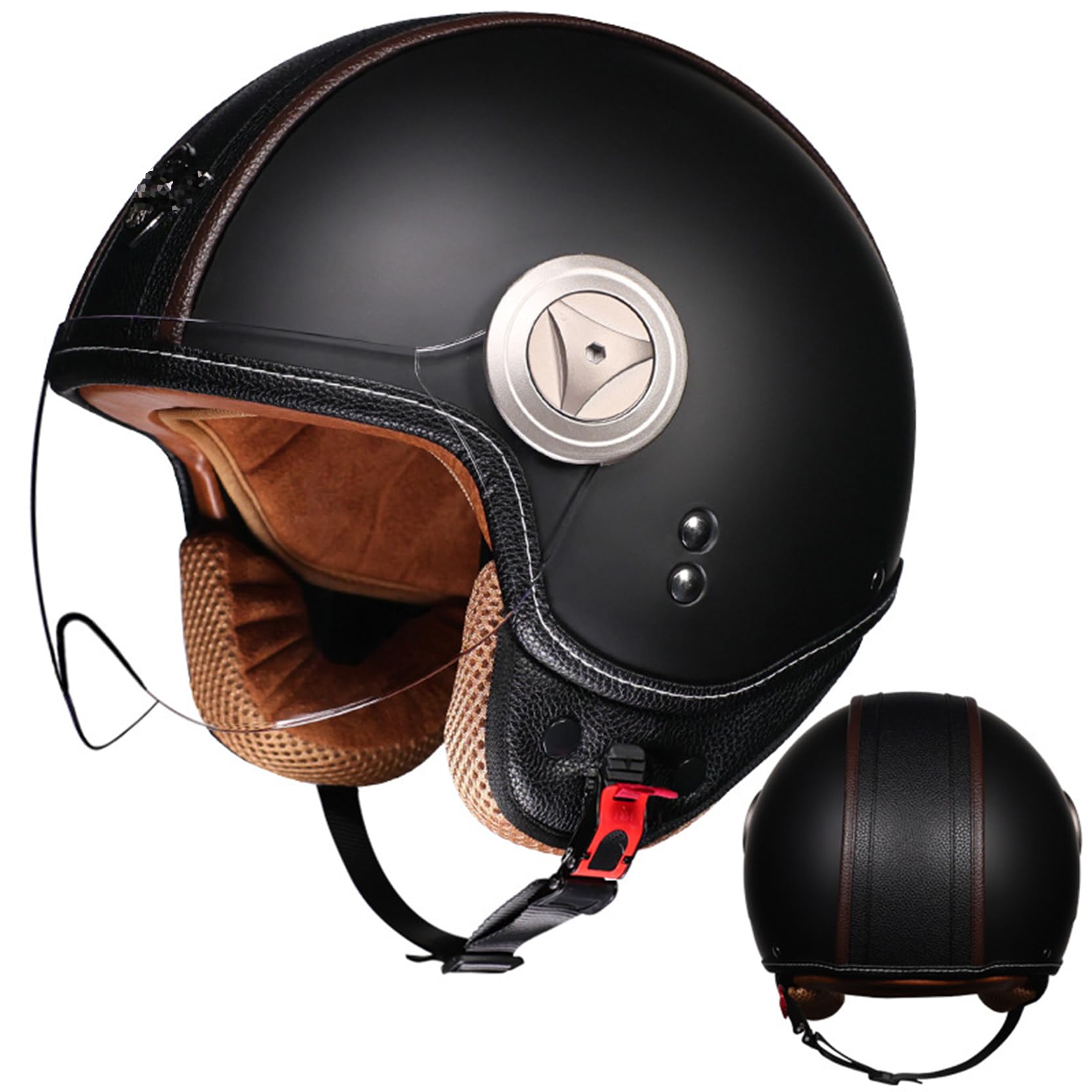 XYLGJYT Offener Motorradhelm für Männer Frauen,Retro Motorrad Jet Halbhelme mit herausnehmbarem Innenfutter,Goldenes Fleece mit,Atmungsaktives,mit HD Gläsern DOT genehmigt,Black B-M(55~56cm) von XYLGJYT