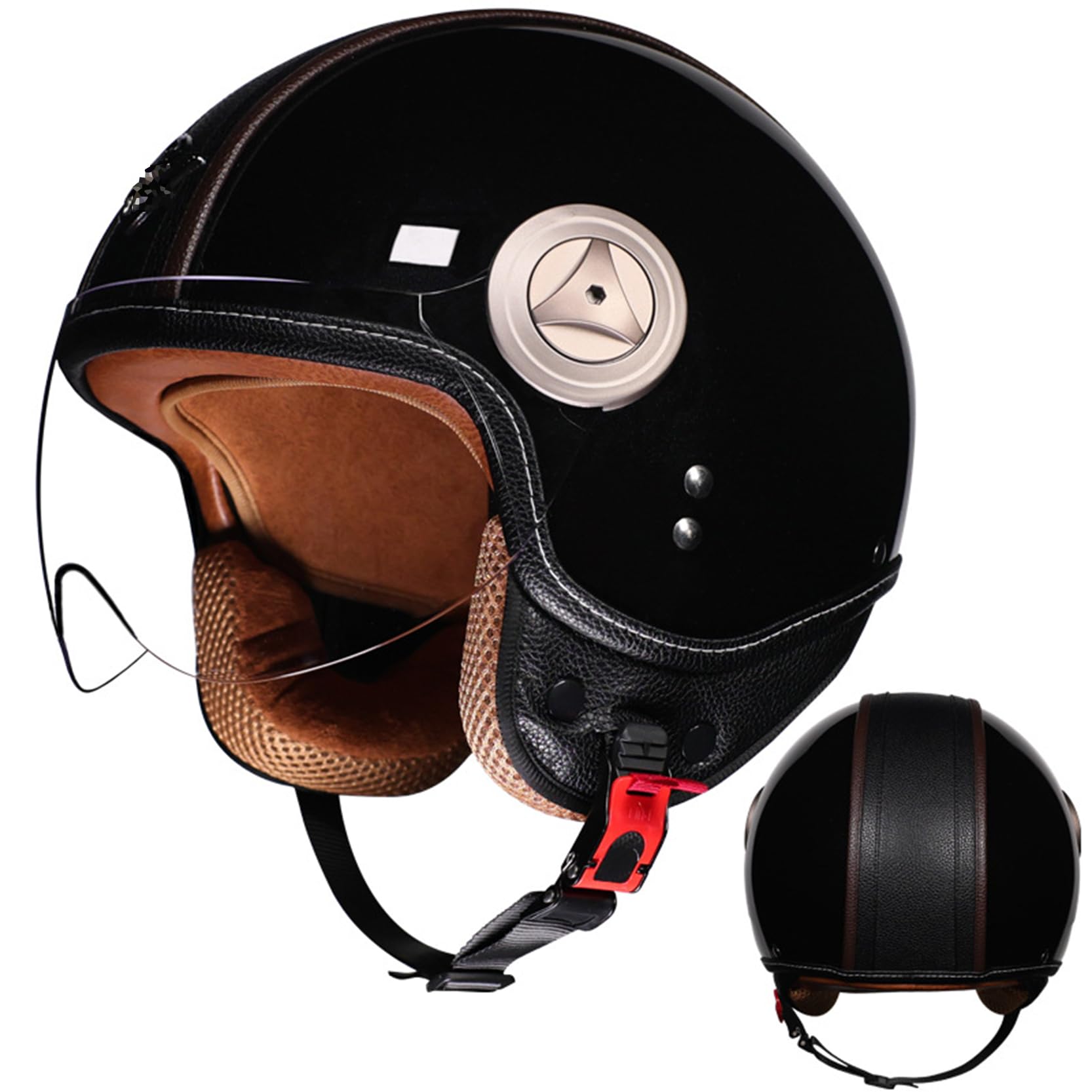 XYLGJYT Offener Motorradhelm für Männer Frauen,Retro Motorrad Jet Halbhelme mit herausnehmbarem Innenfutter,Goldenes Fleece mit,Atmungsaktives,mit HD Gläsern DOT genehmigt,Black C-M(55~56cm) von XYLGJYT