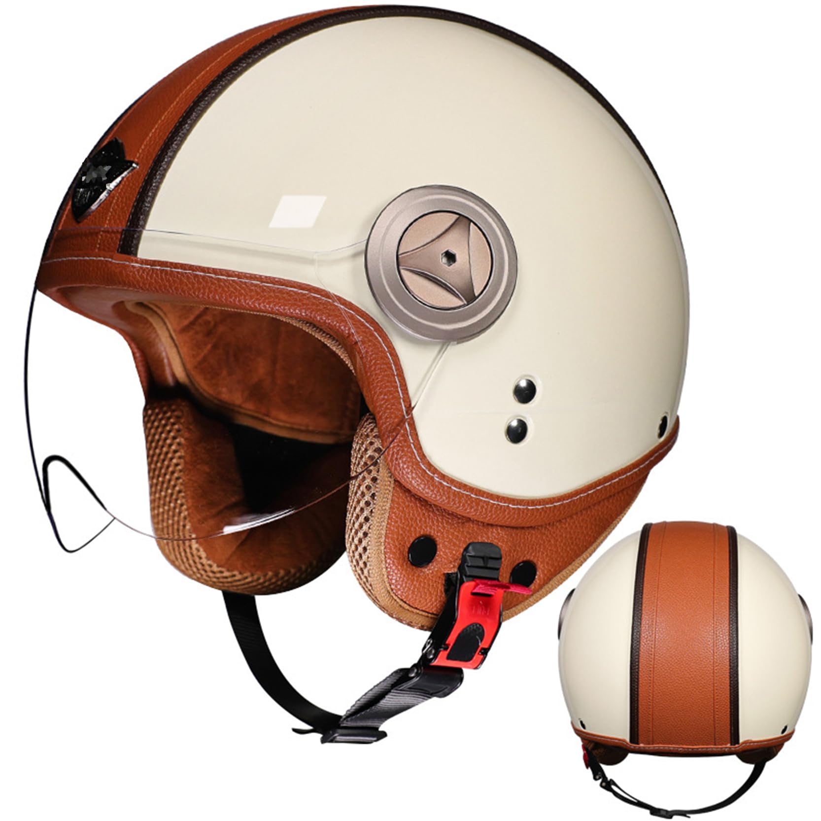 XYLGJYT Offener Motorradhelm für Männer Frauen,Retro Motorrad Jet Halbhelme mit herausnehmbarem Innenfutter,Goldenes Fleece mit,Atmungsaktives,mit HD Gläsern DOT genehmigt,Milky White-M(55~56cm) von XYLGJYT