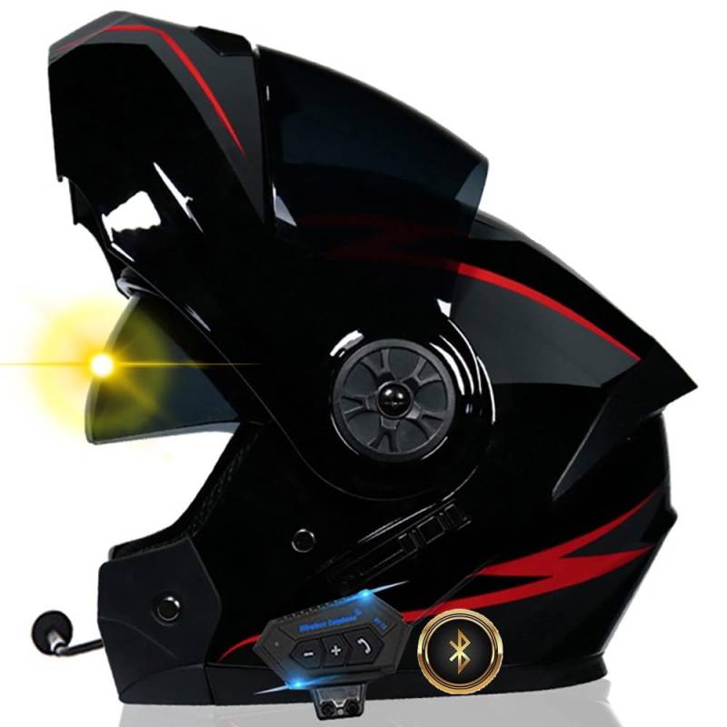 Bluetooth Motorrad Integrierter-Helm mit Doppelvisier, Adults Klapphelm mit Bluetooth, Motorradhelm Vollvisierhelm für Herren und Damen ECE Genehmigt Automatische Reaktion 55-62cm von XYYYM