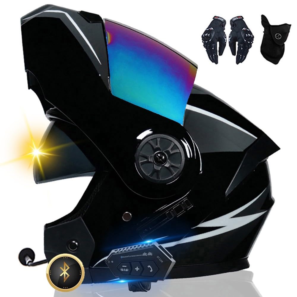 Bluetooth Motorradhelm, Vollvisierhelm mit 2 Fahrern Helm Bluetooth Intercom DOT/ECE Genehmigt, Leicht, Klapphelm mit Doppelvisier, Modularer Helm für Erwachsene Männer Frauen S~XL von XYYYM