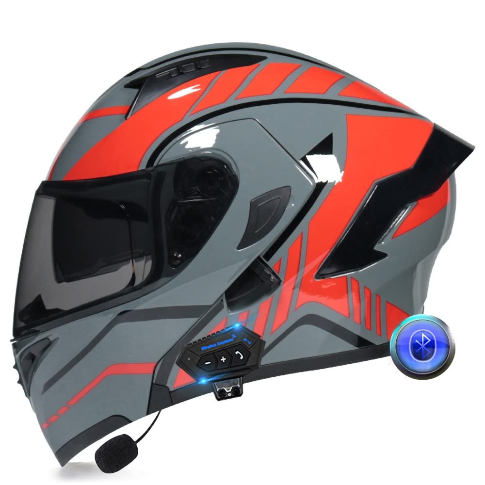 Integralhelm Motorrad Bluetooth Klappbarer Modularer Helm, Eingebauter Lautsprecher Headset Mikrofon Integrierter Helm mit Doppelvisier, ECE Geprüft, Motorradhelm Herren Damen von XYYYM