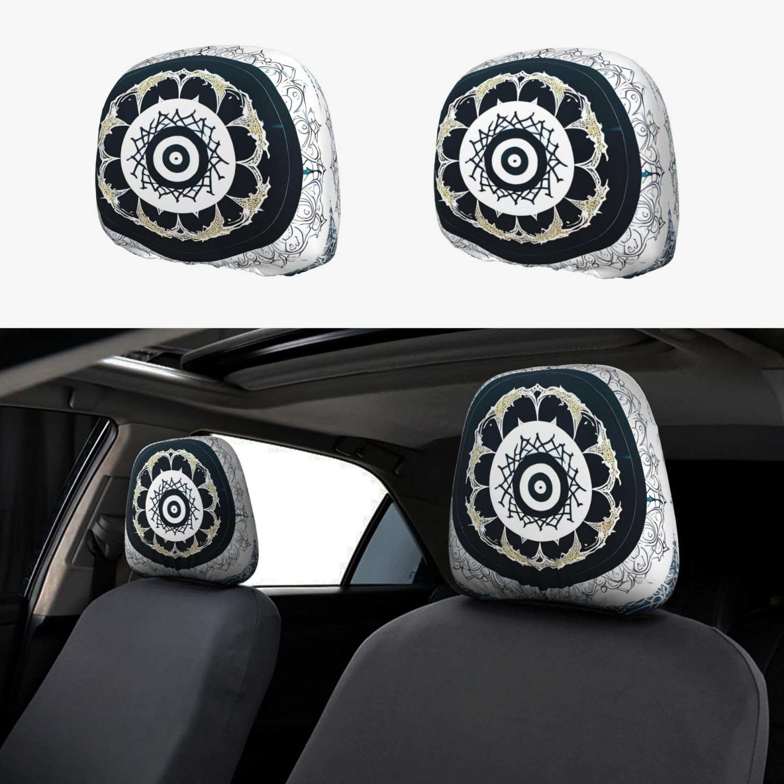 XZDHL Autositz-Kopfstützenbezüge-Set, rund, Totem-Design, weich, stilvoll, elastisch, schützend und modisch, 2 Stück, Schwarz und Weiß von XZDHL