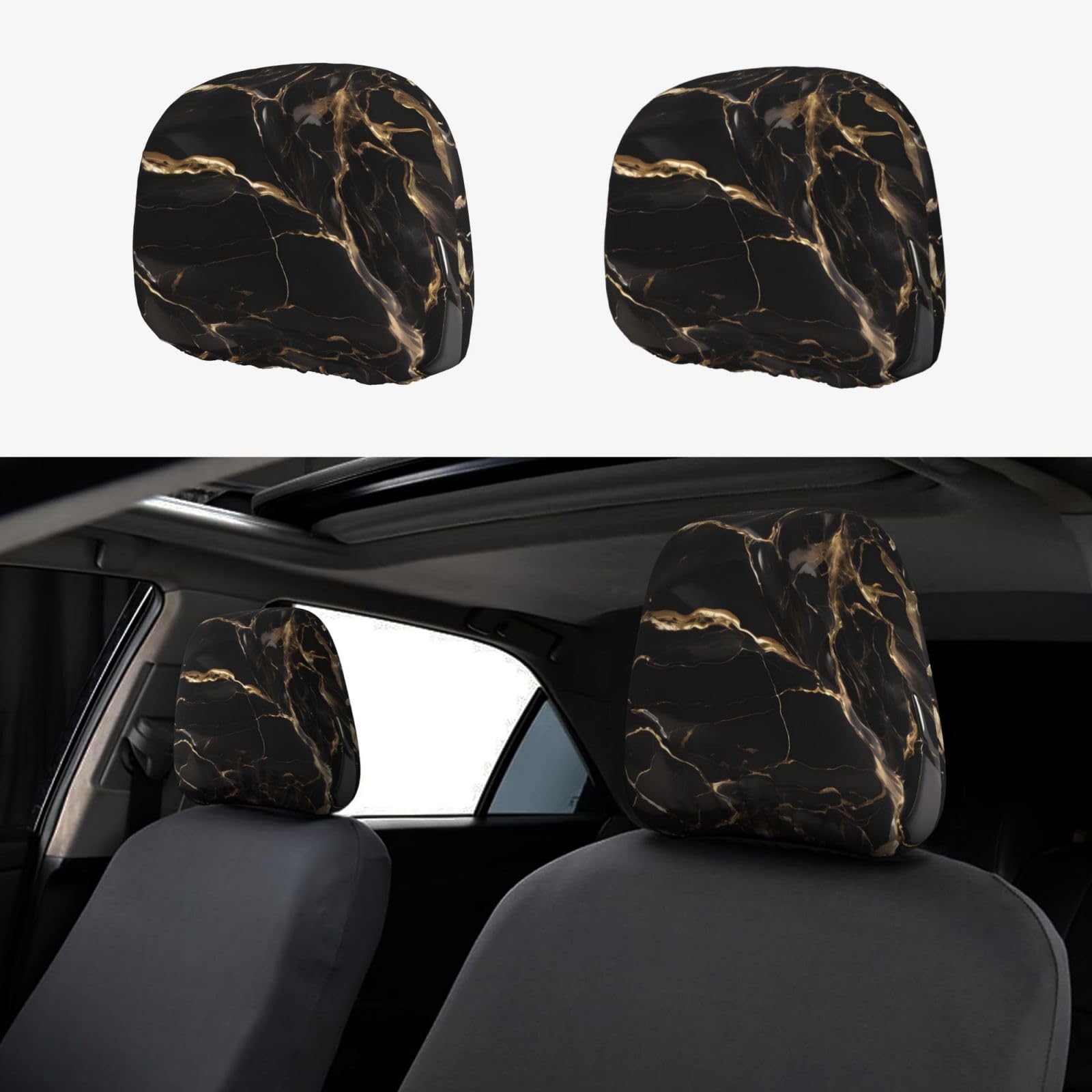 XZDHL Autositz-Kopfstützenbezug-Set, weich, stilvoll, elastisch, schützend, modisch, 2 Stück, Schwarz / goldfarben von XZDHL