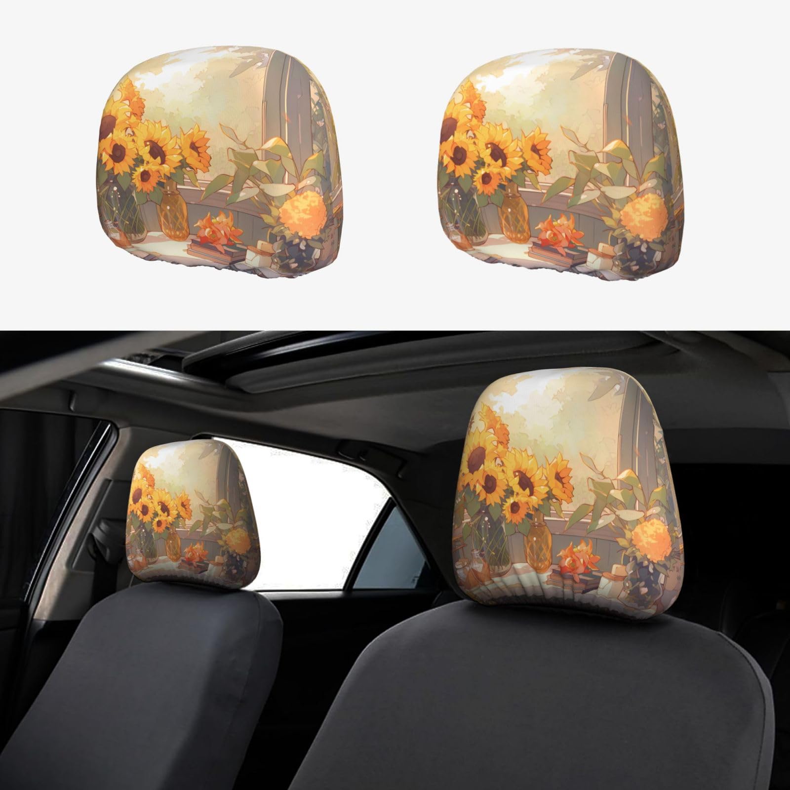 XZDHL Sonnenblumen unter der Fensterbank, weiches und stilvolles Autositz-Kopfstützenbezug-Set, elastisch, schützend und modisch, Innenverschönerung, 2 Stück von XZDHL