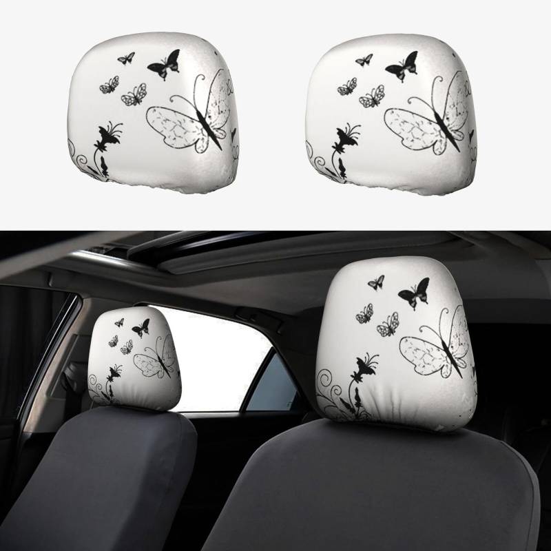 XZDWYX Auto-Kopfstützenbezug mit schwarz-grauen Schmetterlingen, 2-teilig: Lassen Sie Komfort und Mode perfekt in jedem Detail verschmelzen von XZDWYX