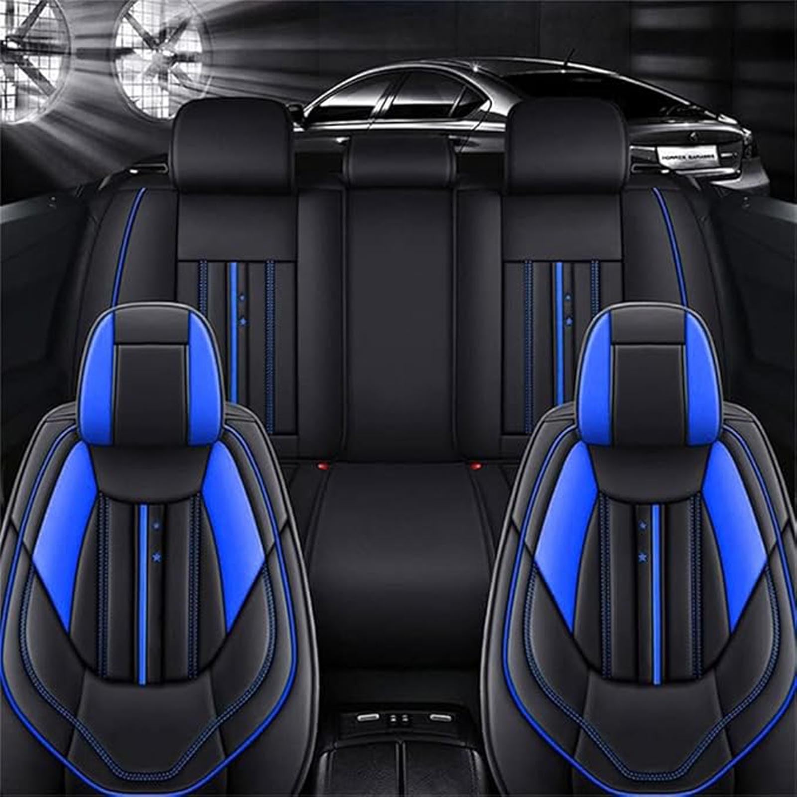 XZFFU Leder-Autositzbezug-Komplettset für Chevrolet Malibu 2012 2013 2014 2015, wasserdichter Sitzbezug für vorne und hinten, Innenschutzzubehör,E Black-Blue von XZFFU