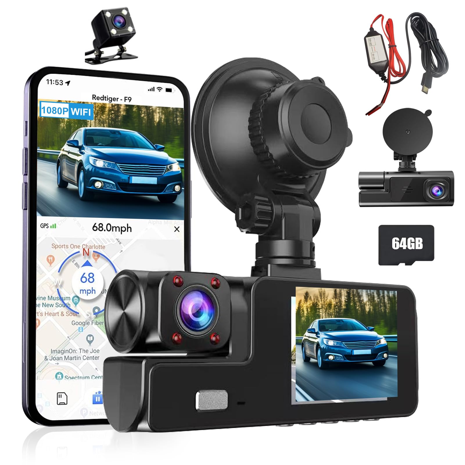 Dashcam Auto | Dashcam Ohne Kabel | überwachungskamera Auto Mit SD Karte | IPS Bildschirm Zeigt 3 Kanal Videos,170° Weitwinkel,1080P Auto Camera,24 Std. Parkmodus,2 Zoll IPS Display Bildschirm (B) von Xevinas