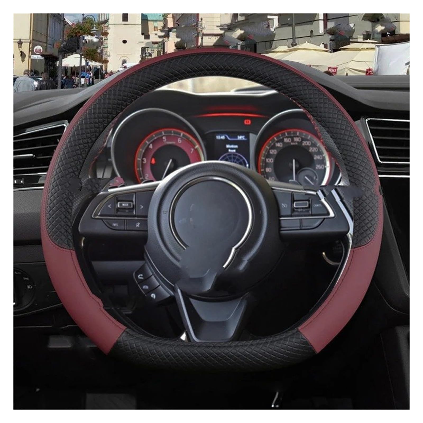 Auto Lenkradbezug Für Suzuki Für Swift 2017 2018 2019 2020 2021 Auto Lenkrad Abdeckung PU Leder Nicht-Slip Präge Klassische Auto Zubehör Lenkradabdeckungen(D Shape Wine Red) von Xgupxuc