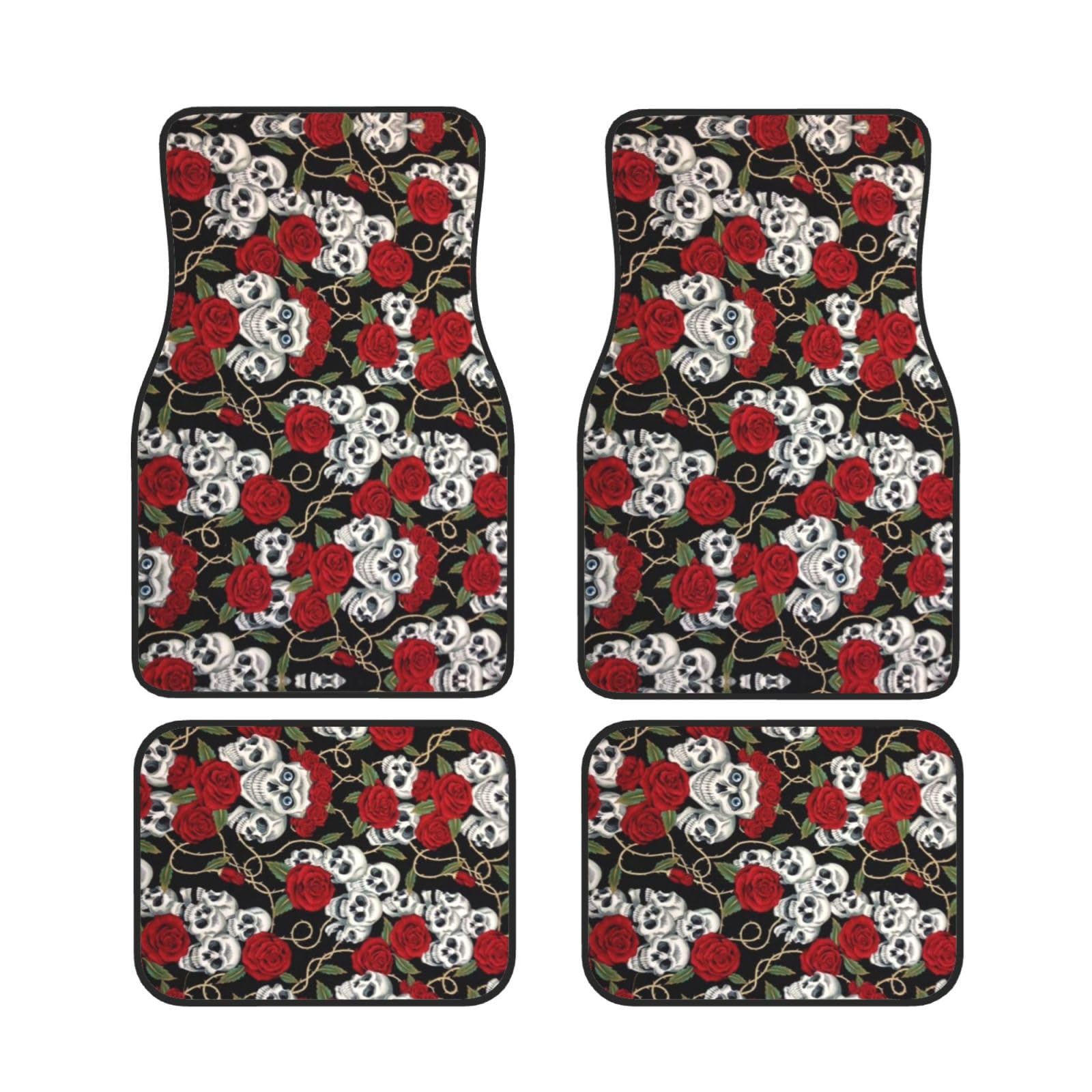 Cool Skull Head And Roses Universal Auto Fußmatten Set von 4 Stück – vorne & hinten Universal-Matte Innenraum Automatten für Autos, SUV, LKW & Van, rutschfest, Einheitsgröße von Xianhziq