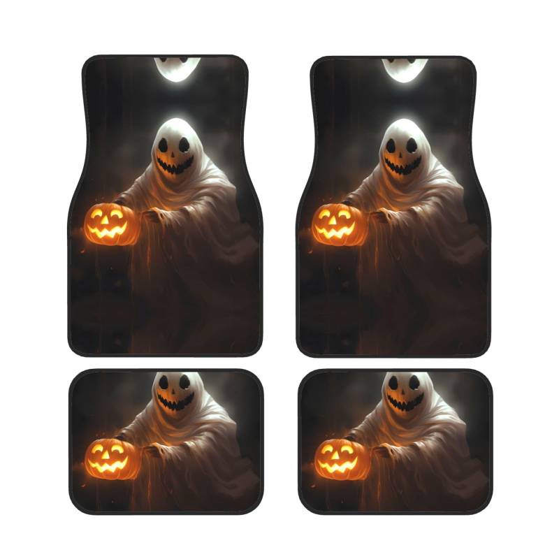 Ghost Holding A Jack O Lantern Universal Auto Fußmatten Set von 4 Stück – vorne & hinten Universal-Matte Innenraum Automatten für Autos, SUV, LKW & Van, rutschfest, Einheitsgröße von Xianhziq