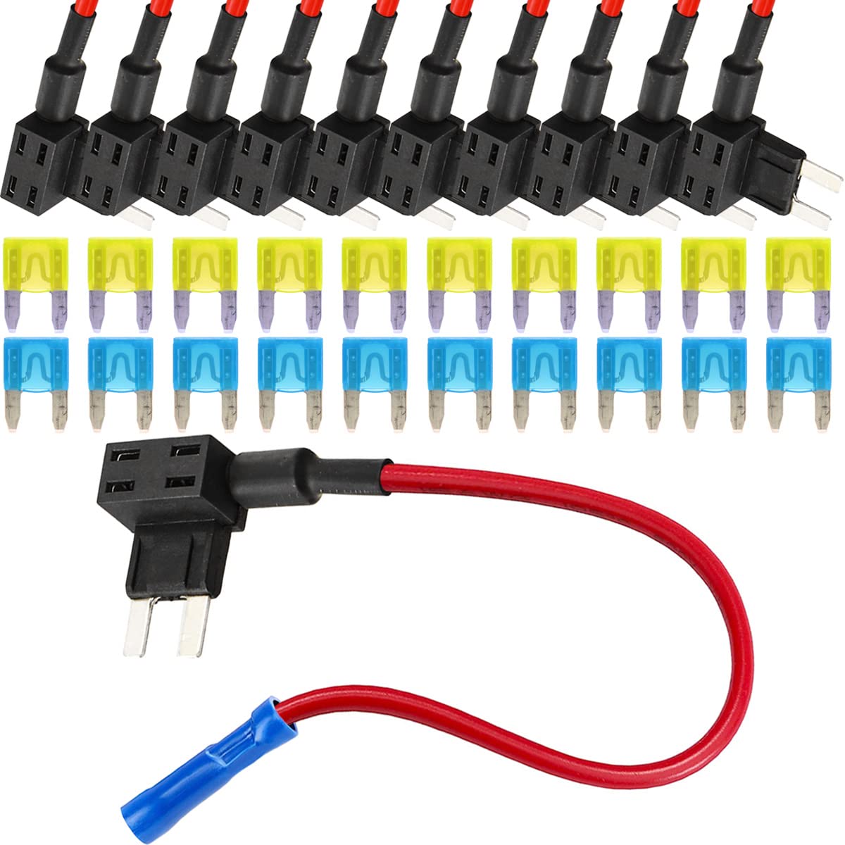 Xiatiaosann 12V Autosicherungen Stromdieb Mini, Flachsicherungsadapter KFZ Stecksicherung Verteiler Add-A-Schaltung Flachsicherungen Sicherungshalter mit 20A & 10A Sicherung, 10 Stück von Xiatiaosann