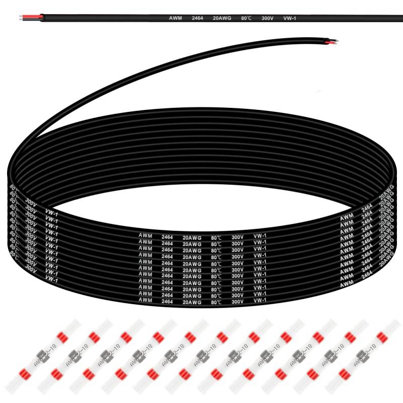 Xiatiaosann 20 AWG 2 x 0,5 mm² Elektrokabel 20 Gauge 300 V PVC 2 Leiter verzinntes Kupferkabel 10 m flexibles Kabel für Auto, LED-Streifen mit 10 Stück Schrumpfschlauch von Xiatiaosann