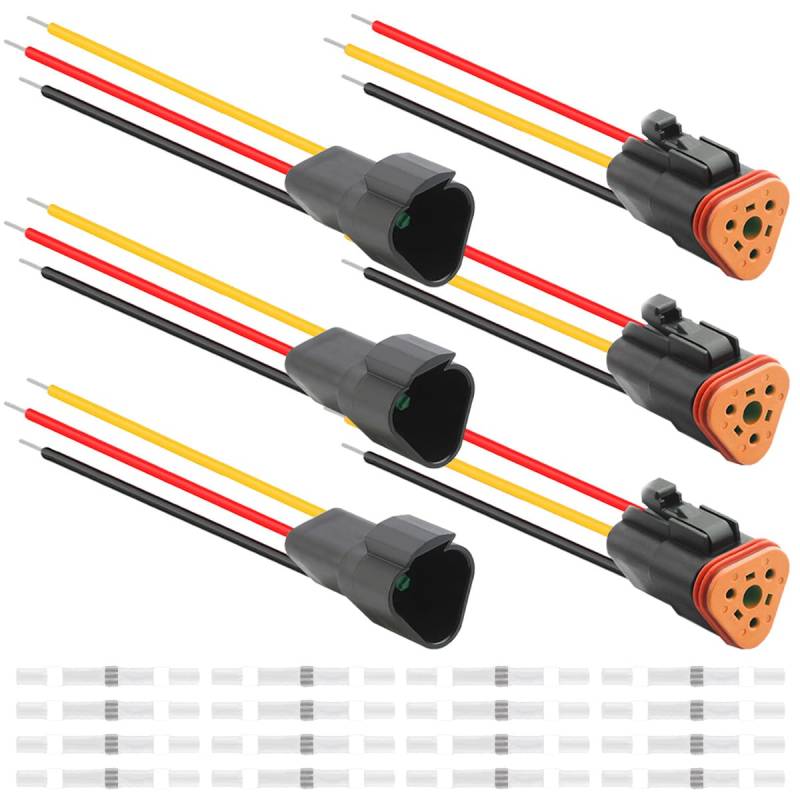 Xiatiaosann 3 Stück Auto-wasserdichter elektrischer Kabelverbinder der DT-Serie für Deutsch 3 Pin 16 AWG Stecker und Buchse für Auto/LKW/Boot LED-Lichtleiste mit Schrumpfschlauch von Xiatiaosann