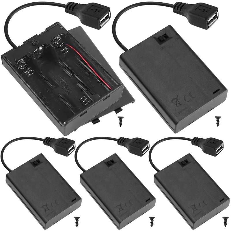 Xiatiaosann 3 x 1.5V AA Batteriehalter mit Schalter und Abdeckung, 4.5V 3 AA-USB-Batteriehalterbuchse mit Abdeckung und Ein-/Ausschalter (5er-Pack) von Xiatiaosann