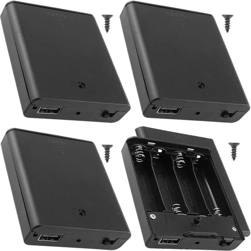 Xiatiaosann 4 AA-Batteriehalter USB-Buchse, 4 Slots AA schwarz Batteriespeicher Fälle mit Deckel ON/Off-Schalter und USB-Buchse (4 Pack) von Xiatiaosann