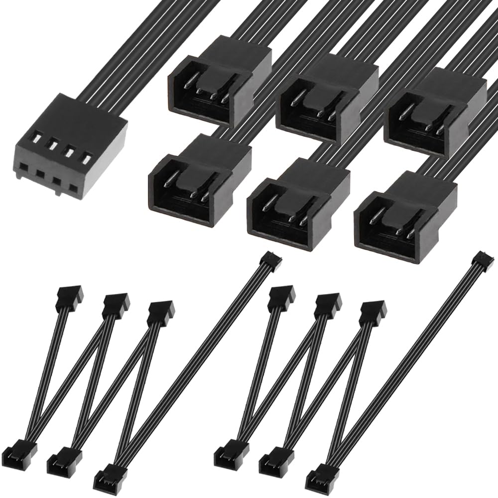 Xiatiaosann 4-Pin-PWM-Lüfter-1-zu-6-Splitterkabel, PWM-zu-3-Pin/4-Pin-Lüfteranschluss, PC-Lüfter-Splitter-1-zu-6-Konverter, PC-Lüfter-Verlängerungskabel (2er-Pack, 109 cm) von Xiatiaosann