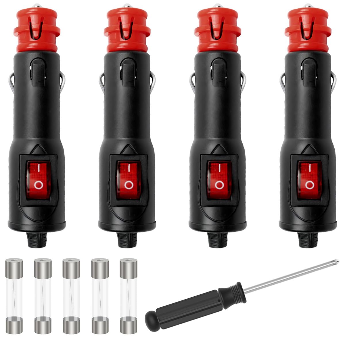 Xiatiaosann 4 Stück 12V/24V 10A Zigarettenanzünder Stecker mit Schalter Aux-Buchse Stecker Auto Ersatzstecker für Motorrad/Auto/Traktor mit 4 Stück Sicherung, Schraubendreher von Xiatiaosann