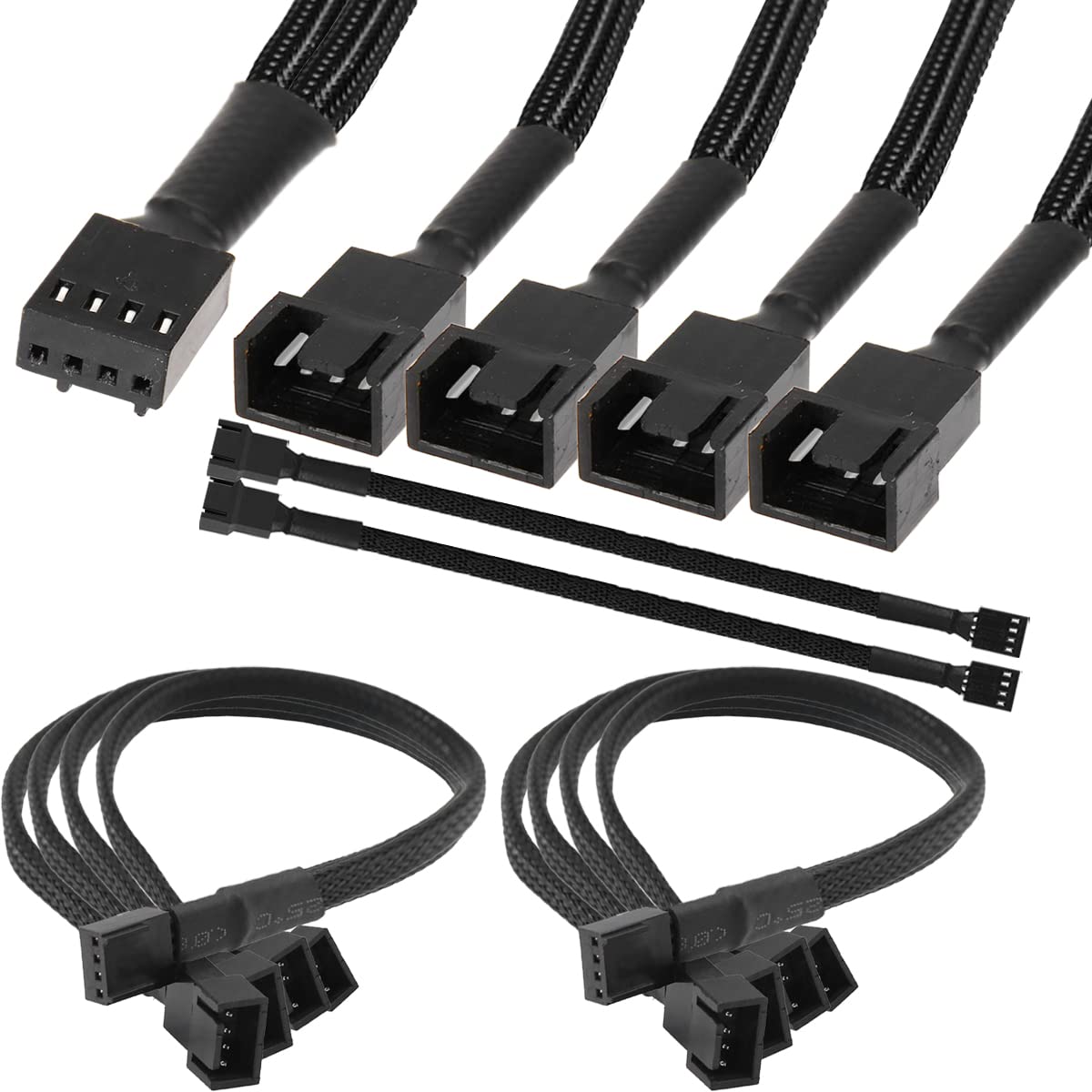 Xiatiaosann 4Pin 3Pin PWM PC Lüfterkabel Splitter Verlängerungskabel 1 bis 4 Konverter Computer-CPU-Lüfter, Verlängerung, geflochtenes Kabel, 27 cm/10,6 Zoll, 2 Stück von Xiatiaosann