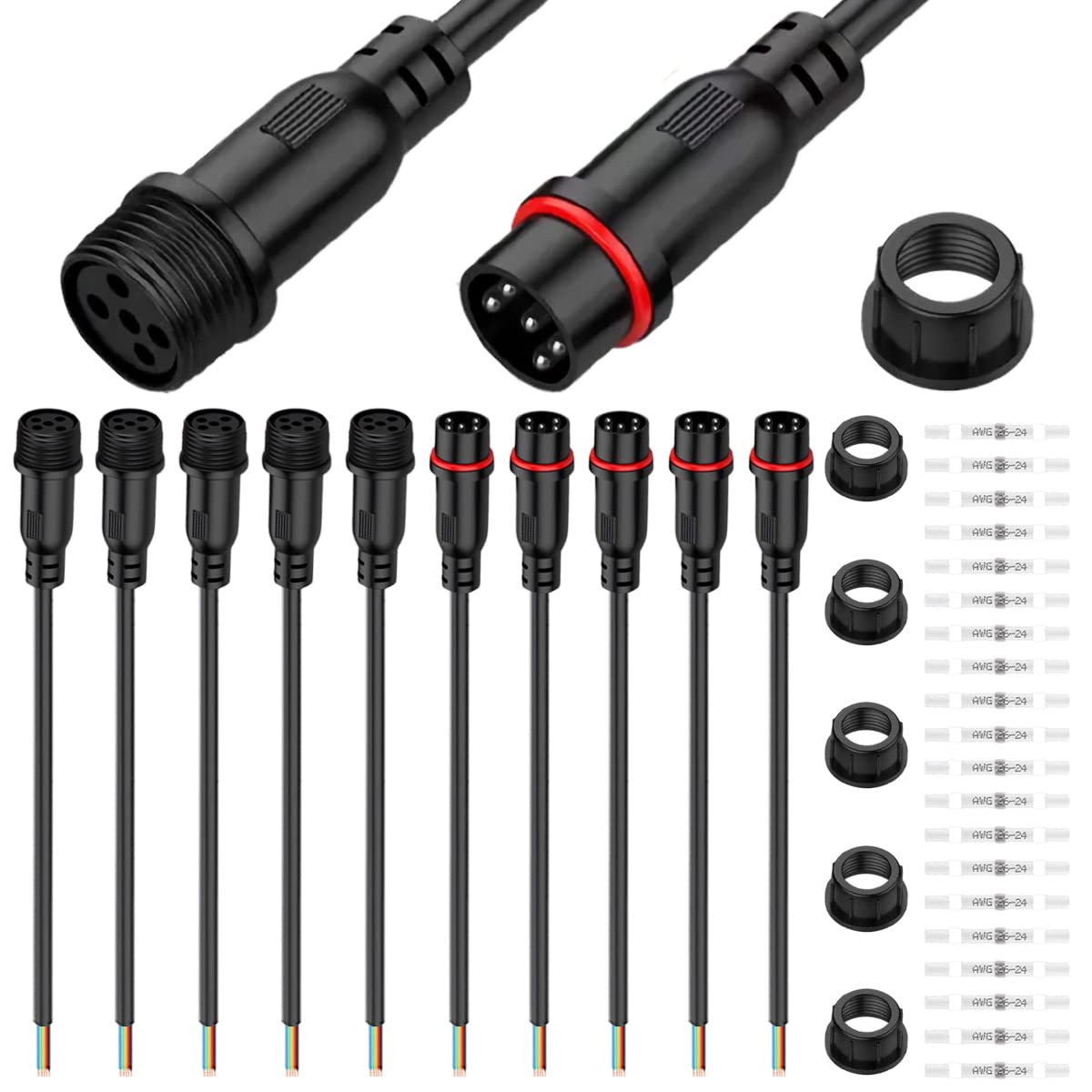 Xiatiaosann 5 Paare wasserdichte 5-polige LED-Steckverbinder Kabel-Set - männlicher und weiblicher Stecker mit 0,2 mm² 24AWG Draht, IP67 20 cm Verlängerungskabel für Auto, LKW, Boot, Innen- von Xiatiaosann