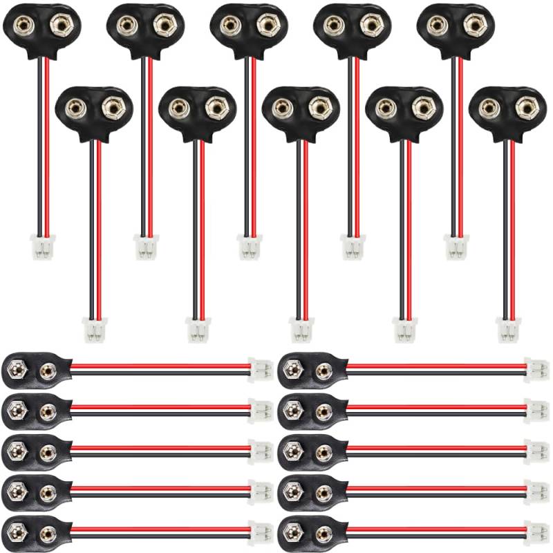 Xiatiaosann 9-V-Batterieanschluss an PH2.0-Kabel, I-Typ- und T-Typ-9-Volt-Batterieclip mit 2-poligem PH2.0-Anschlusskabel für LED-Streifen (20er-Pack) von Xiatiaosann