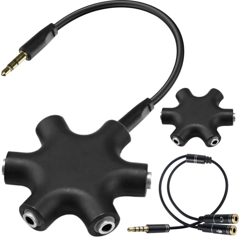 Xiatiaosann Audio Klinke Splitter Kopfhörer 3.5mm Buchsen, Verteiler Aux Adapter, 2 Stück 6 Anschlüssen, mit 1 Stecker-auf-Buchse-Splitter-Kabel für MP3-Player-Handy-Laptop-Lautsprecher von Xiatiaosann