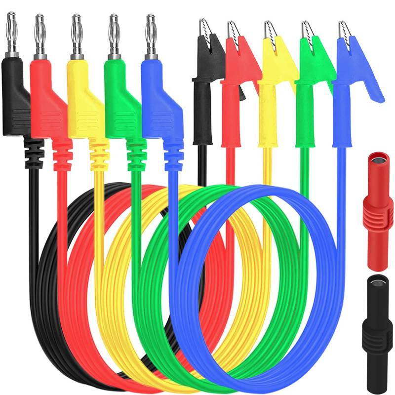 Xiatiaosann Bananenkupplung 4mm Bananenstecker auf Krokodilklemmen Messleitungen Multimeter für Oszilloskop Elektrische Prüfung, mit 4mm-Bananenkupplung Buchse auf Buchse, 5 Stück Silikonkabel von Xiatiaosann