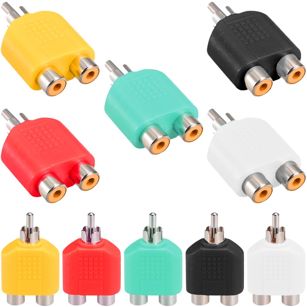 Xiatiaosann Cinch-Stecker auf 2X Cinch-Kupplung Y-Adapter Verteiler, 1 Stecker auf 2 Buchsen, bunter RCA-Audio-Konverter für Audio, Video, AV, TV (10er-Pack, 5 Farben) von Xiatiaosann