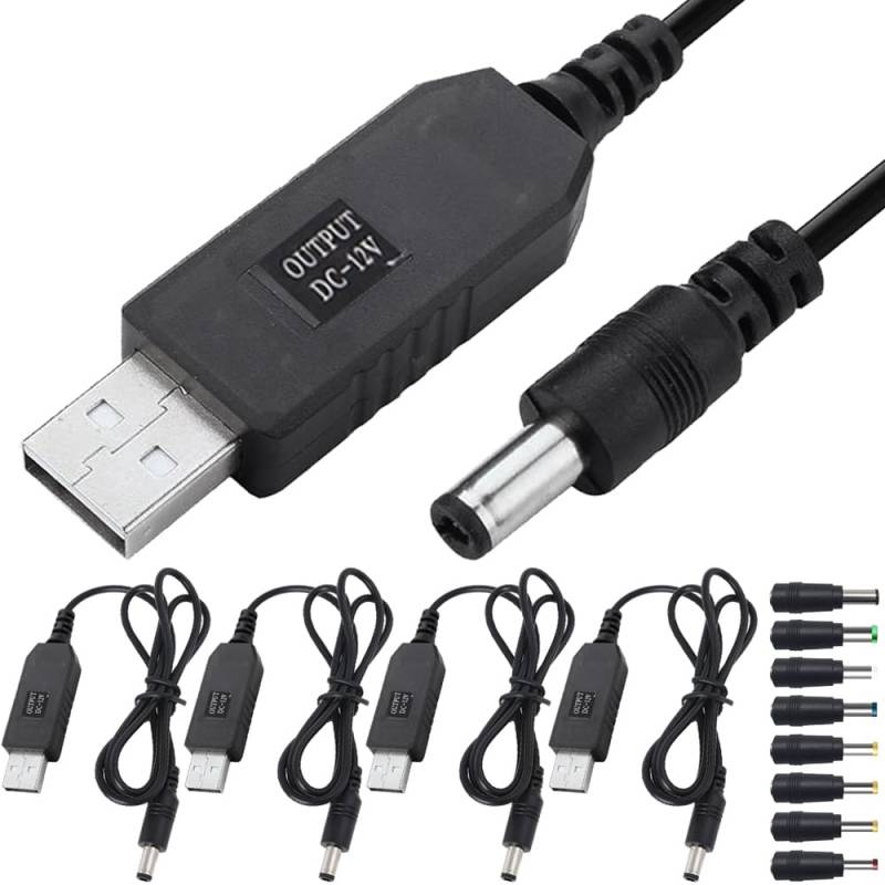 Xiatiaosann DC 5V 2A zu DC 12V Step-up USB Konverter Adapter Kabel, USB Adapter mit DC Jack 5.5 x 2.5mm Stromversorgungskabel für Ventilator, Tischlampe, mit DC Konverter Set (3.3FT, 4 Pack) von Xiatiaosann