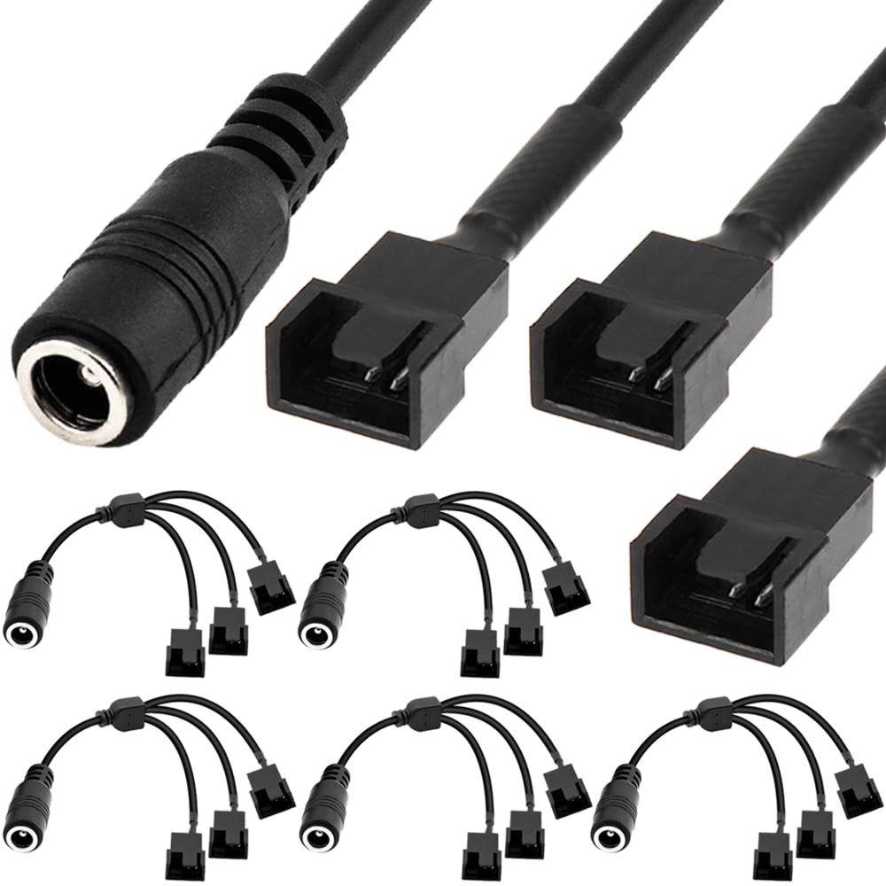 Xiatiaosann DC Netzteilstecker auf drei 3-polige und 4-polige PC Lüfter Netzadapterkabel, DC Buchse auf drei 3-polige und 4-polige Stecker, PC Gehäuselüfter Stromkonverterkabel für PC Lüfter (5 Stück) von Xiatiaosann