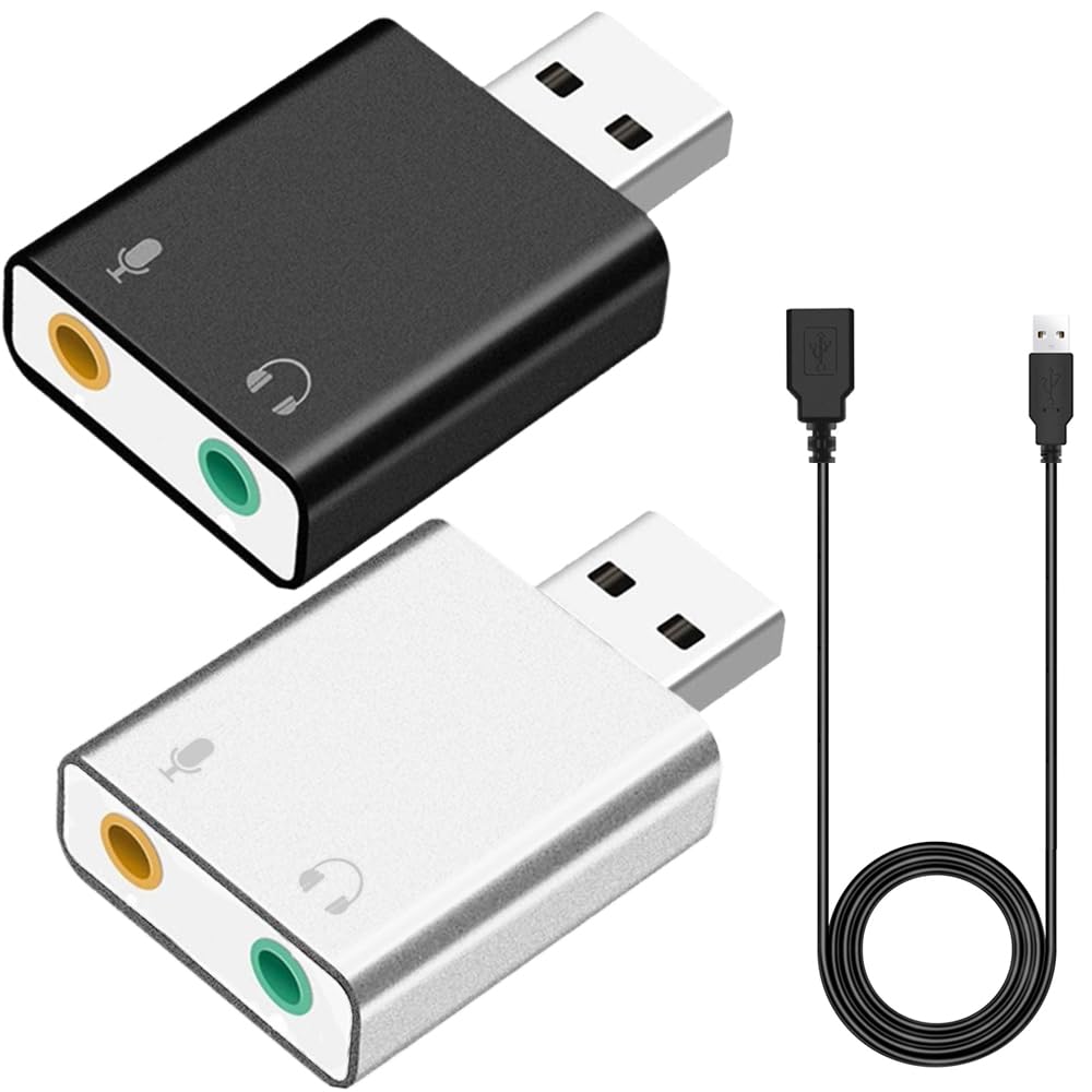 Xiatiaosann Externer USB Stereo Sound Adapter mit 3,5mm Lautsprecher Kopfhörer und Mikrofonanschluss, externe Stereo Soundkarte, mit USB Verlängerungskabel (Buchse auf Stecker) (2 Stück) von Xiatiaosann