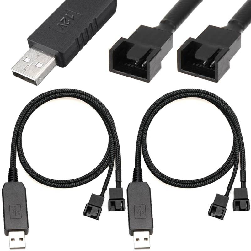 Xiatiaosann Full Speed 12V Step-Up USB Stecker auf Dual 4 Pin Stecker PC Lüfter Anschlusskabel, USB A auf Dual 3Pin/4Pin ummanteltes Netzteilkabel (50 cm/20 Zoll, 2er-Pack) von Xiatiaosann