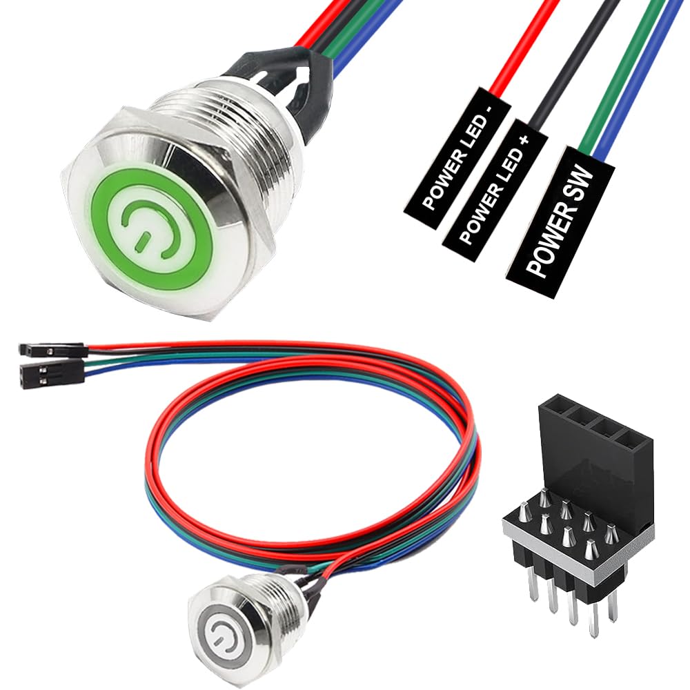 Xiatiaosann Gehäuse Schalter Host Metall Taste Computer Host Schalter Kabel, PC Gehäuse LED Power Taste ATX Versorgung Ein/Aus für DIY Computer Schalter, mit 1 bis 2 Splitter (16mm,grün) von Xiatiaosann