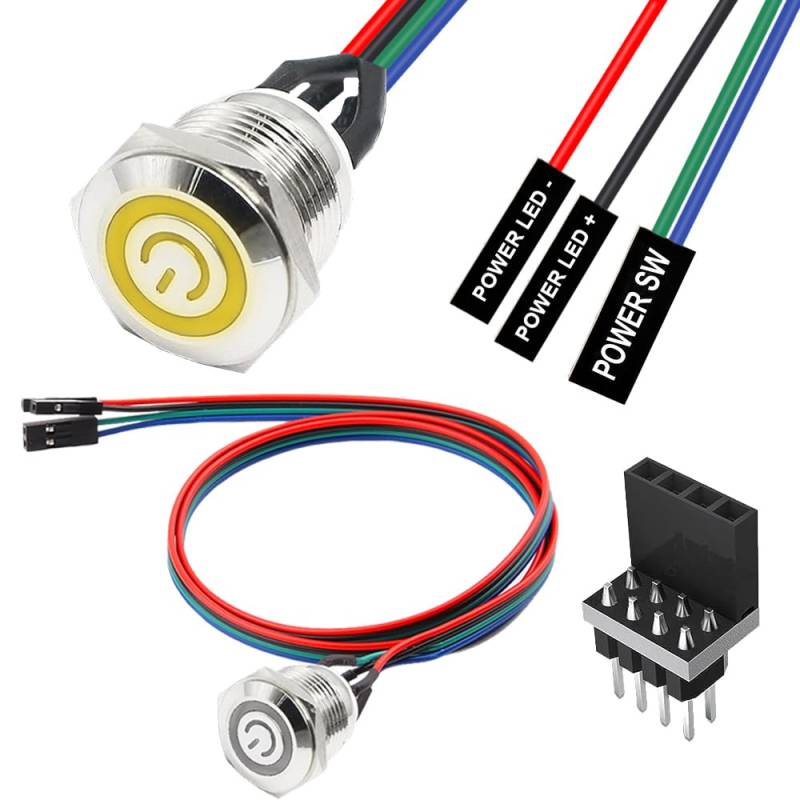 Xiatiaosann Gehäuseschalter-Host-Metalltaste Computer-Host-Switch-Kabel, 16mm PC-Gehäuse-LED-Netzschalter, ATX-Versorgung Ein/Aus-Verlängerungskabel, mit 1 bis 2 Splittern (Gelb) von Xiatiaosann