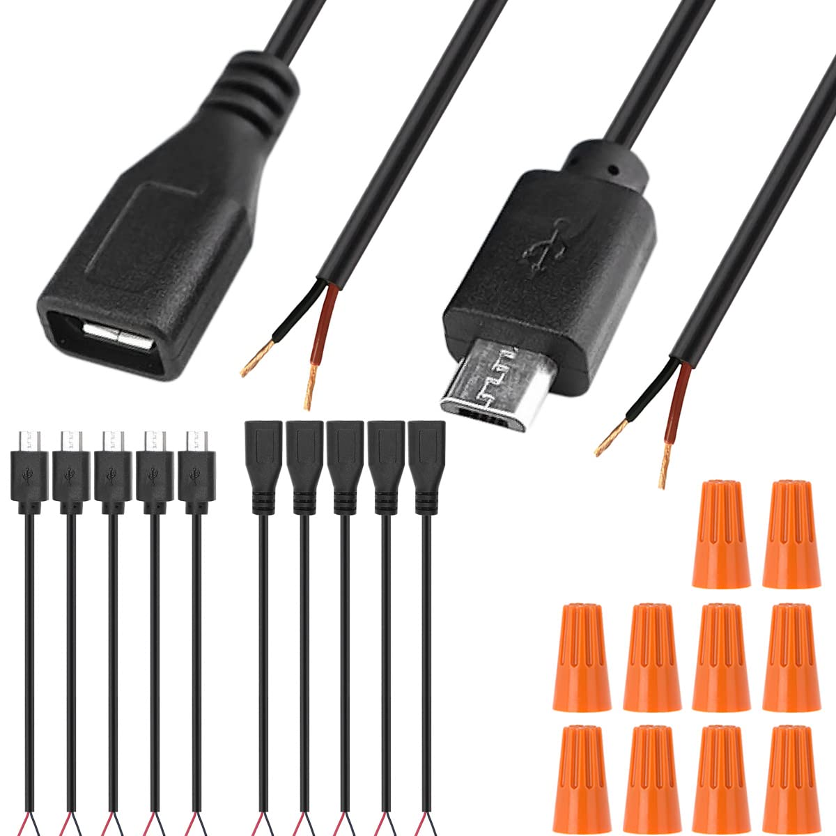 Xiatiaosann Kabel USB 2.0 Micro männlich weiblich männlich weiblich auf 2 x offene Kabelenden, USB 2.0-Anschluss auf 2-Draht-Netzteil-Verlängerungskabel Ladegerät-Anschlussstecker, 10 Stück von Xiatiaosann