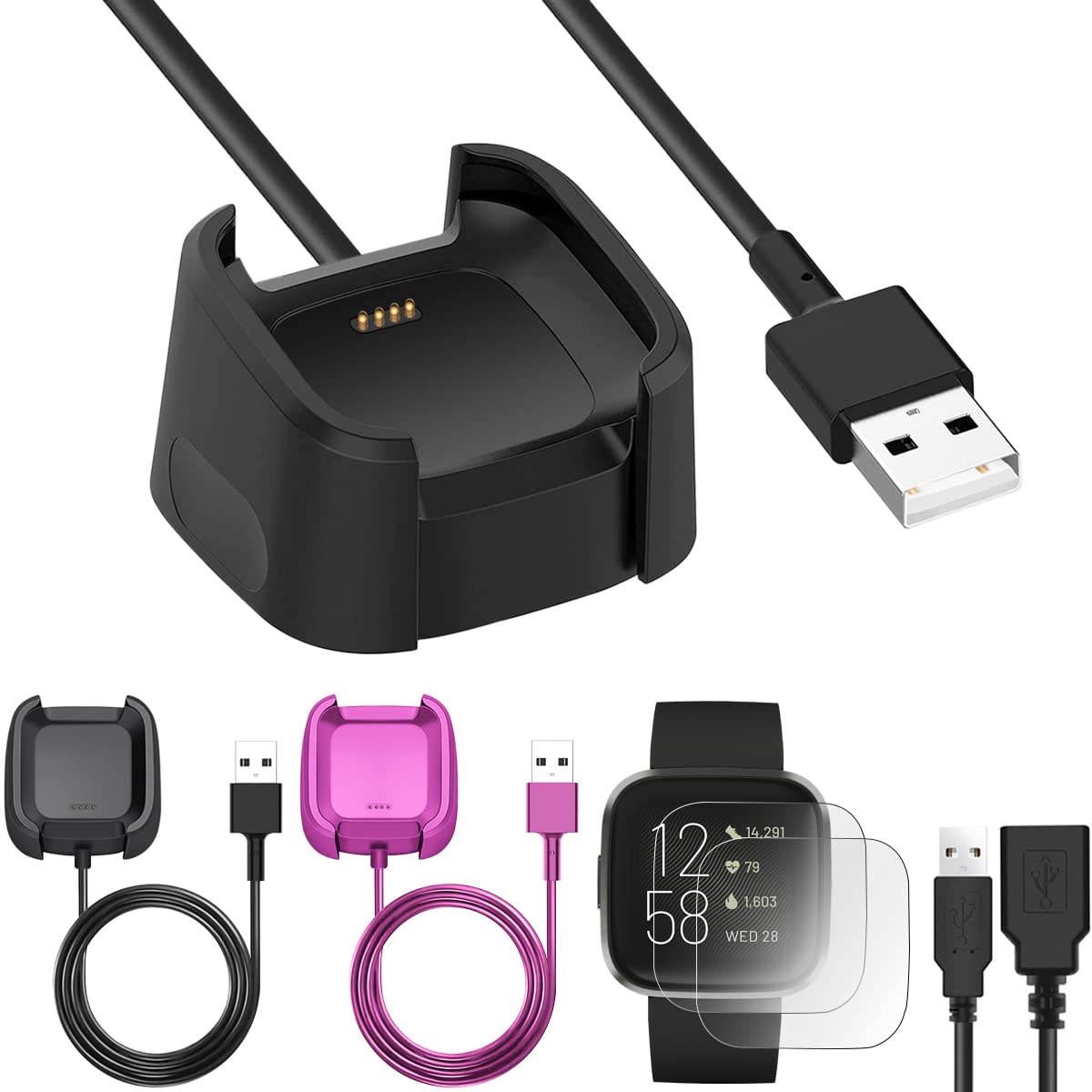 Xiatiaosann Ladekabel für Fitbit Versa 2, Ladegerät USB für Smartwatch, (nicht für Versa/Versa Lite/Versa SE), mit Dock-Ständer-Ladekabel, 100cm/3.3ft, 2 Stück von Xiatiaosann