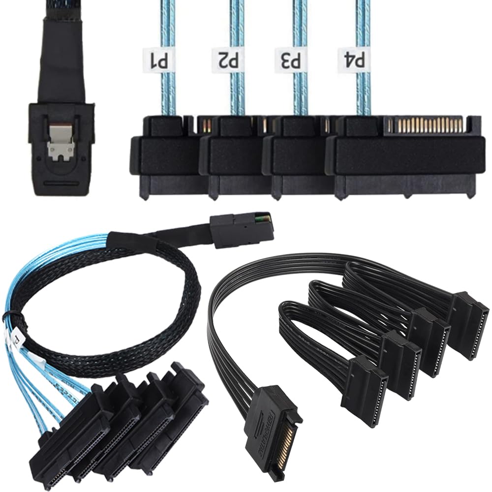 Xiatiaosann Mini SAS zu SAS Kabel, 36 Pin SFF-8087 Host zu SAS SFF8087 zu SFF-8482 Stecker 4 x SAS 29Pin mit SATA Power Kabel, mit SATA Power Splitter Kabel (50cm/1.64FT) von Xiatiaosann